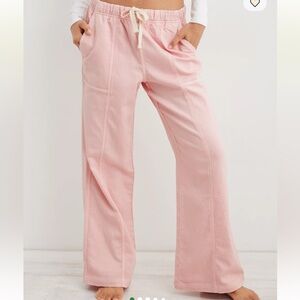 Aerie Me-Day Tie Waist Pants Pull On Elastic Waist Light Pink Rose Straight Leg